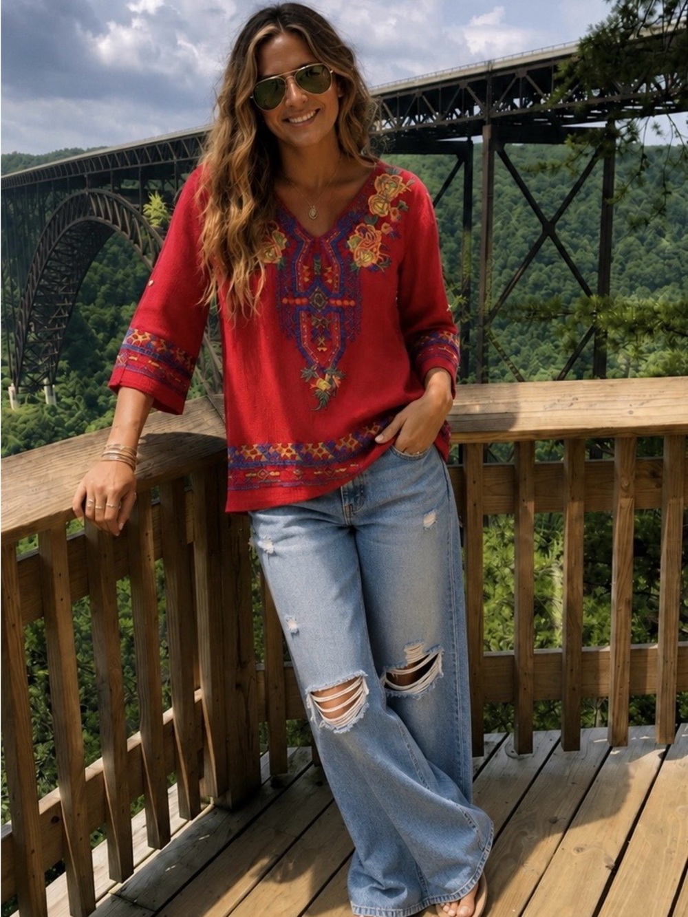 Calessa Embroidered V-Neck Boho Tunic Top - Red